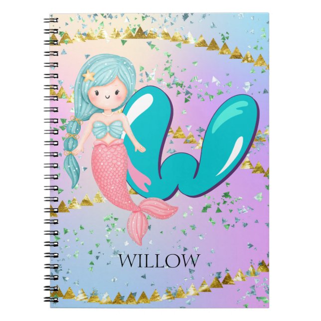 Carnet Lettre W Monogram Aquarelle mignonne Sirène (Devant)