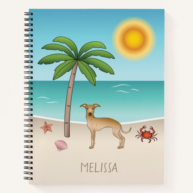 Carnet Lévrier Italien Fauve sur Plage Tropicale d'Été (Devant)