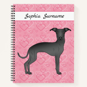 Carnet Lévrier Italien Noir Chien Mignon Sur Coeurs Roses