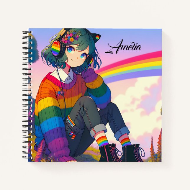 Carnet LGBTQIA+ Anime Girl Lesbian Pride Personnalisée (Devant)