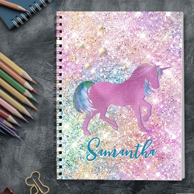 Carnet Licorne arc-en-ciel rose mignonne monogramme paill (Créateur téléchargé)