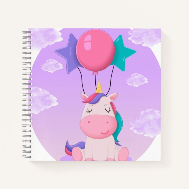 Carnet Licorne Assise Mignonne et Ballons Lilas (Devant)
