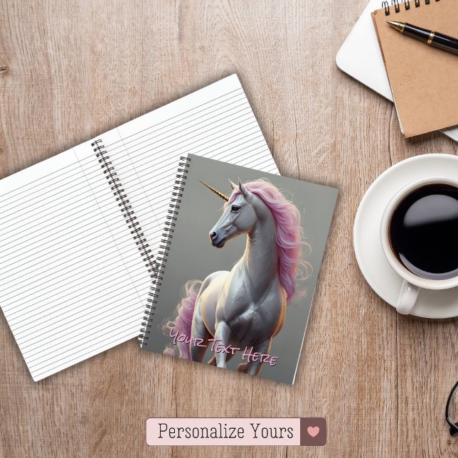 Carnet Licorne blanche personnalisée avec crinière rose (Personalized White Unicorn with Pink Mane Notebook)