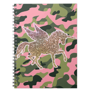 Carnet Licorne Camouflage Vert Rose et Paillettes Dorées