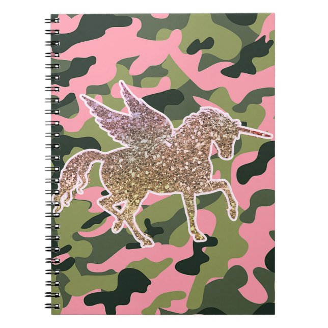 Carnet Licorne Camouflage Vert Rose & Paillettes Dorées (Devant)