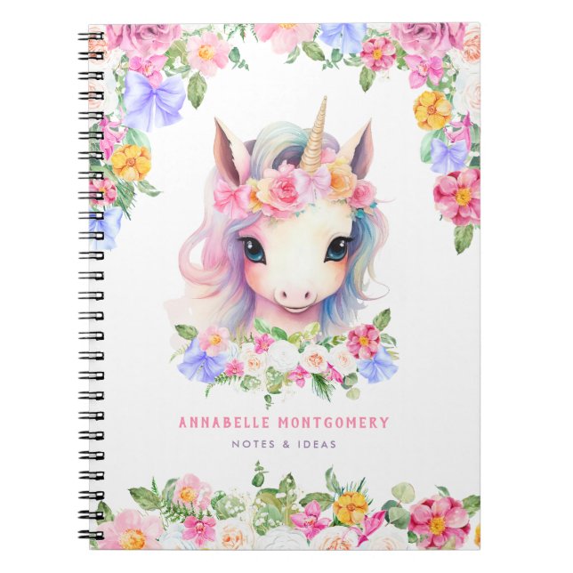 Carnet Licorne Florale Mignonne Personnalisée École Enfan (Devant)