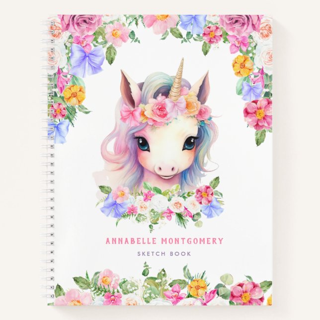 Carnet Licorne Florale Mignonne Personnalisée Enfant Croq (Devant)