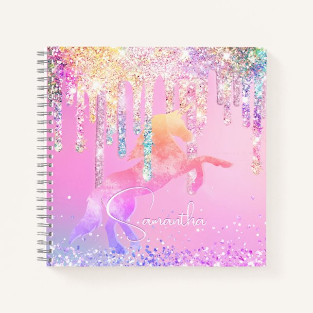 Carnet Licorne mignonne monogramme gouttes de paillettes  (Devant)