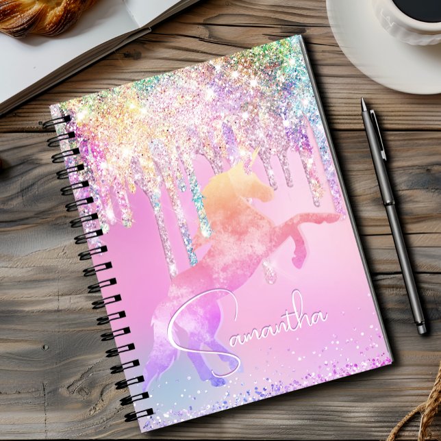 Carnet Licorne mignonne monogramme gouttes de paillettes  (Créateur téléchargé)