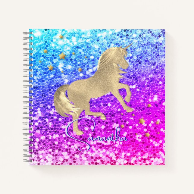 Carnet Licorne mignonne monogramme or arc-en-ciel paillet (Devant)