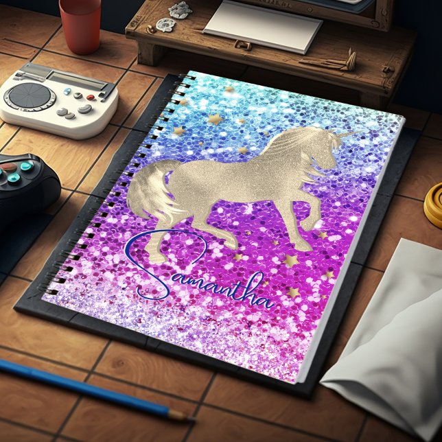 Carnet Licorne mignonne monogramme rose pailleté arc-en-c (Créateur téléchargé)