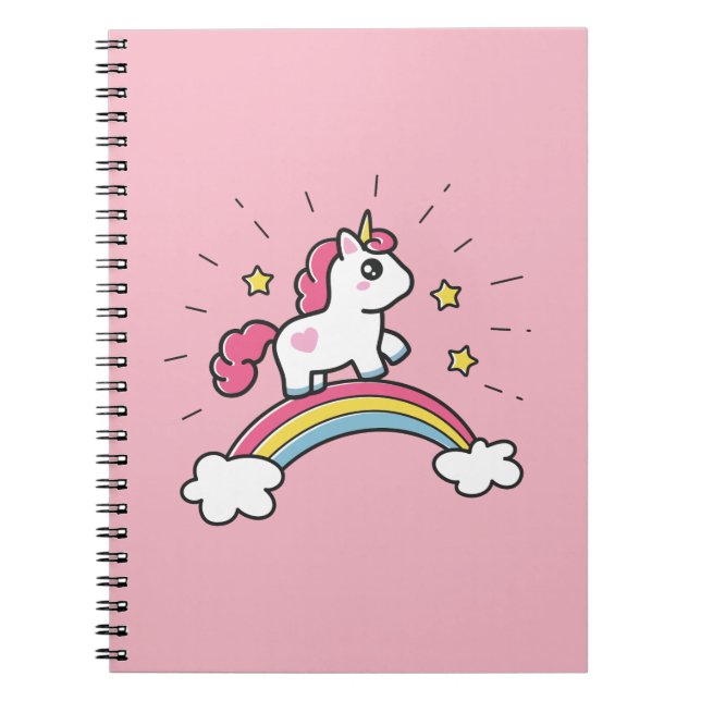 Carnet Licorne mignonne sur une conception d'arc-en-ciel (Devant)