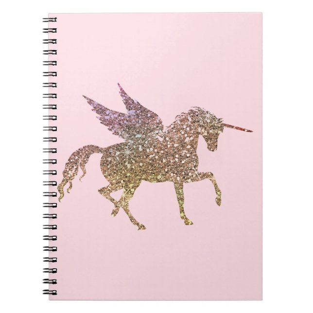 Carnet Licorne Pégase Cheval Pailleté Strass Doré Tendanc (Devant)