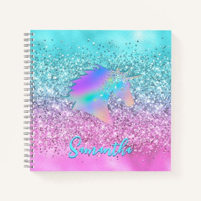 Carnet Licorne rose Aqua pailletée monogramme glamour chi (Devant)