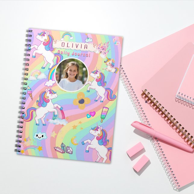 Carnet Licorne Rose Mignonne Arc-en-Ciel Nom Personnalisé (Créateur téléchargé)