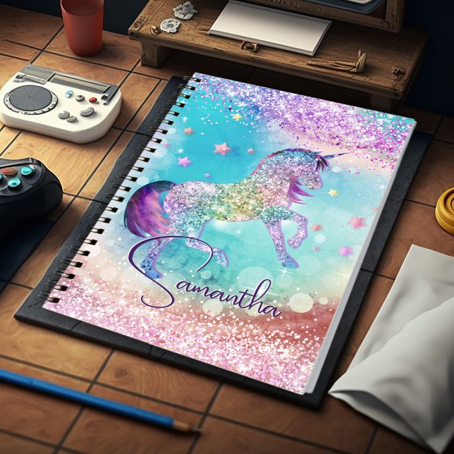 Carnet Licorne rose mignonne paillettes arc-en-ciel aqua  (Créateur téléchargé)