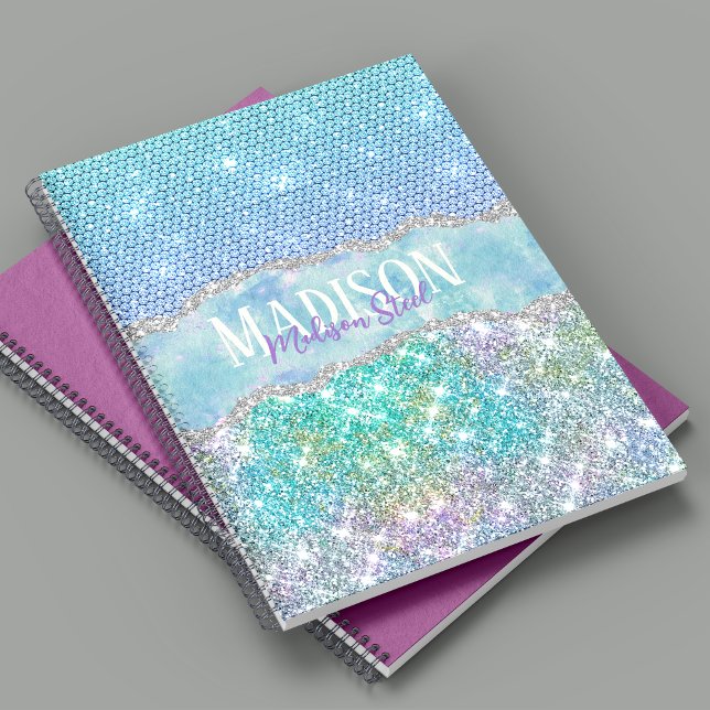 Carnet Licorne turquoise élégante faux monogramme glitter (Créateur téléchargé)