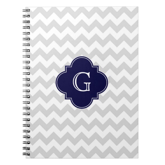 Carnet Light Gray White Chevron Navy Quatrefoil Monogram (Devant)