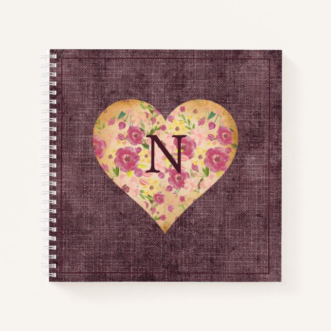 Carnet Linge rustique monogramme floral cœur joli (Devant)