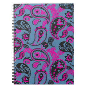 Carnet Linocut Paisley Traditionnel Vivid Rose Dusky Bleu