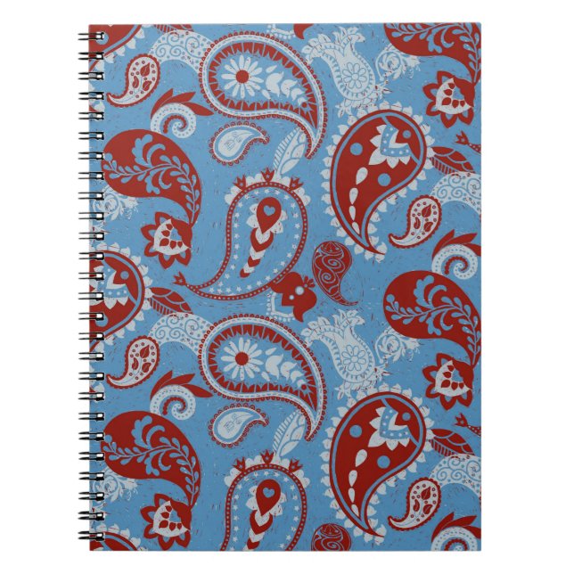 Carnet Linocut traditionnel Paisley Rouge Bleu Blanc (Devant)