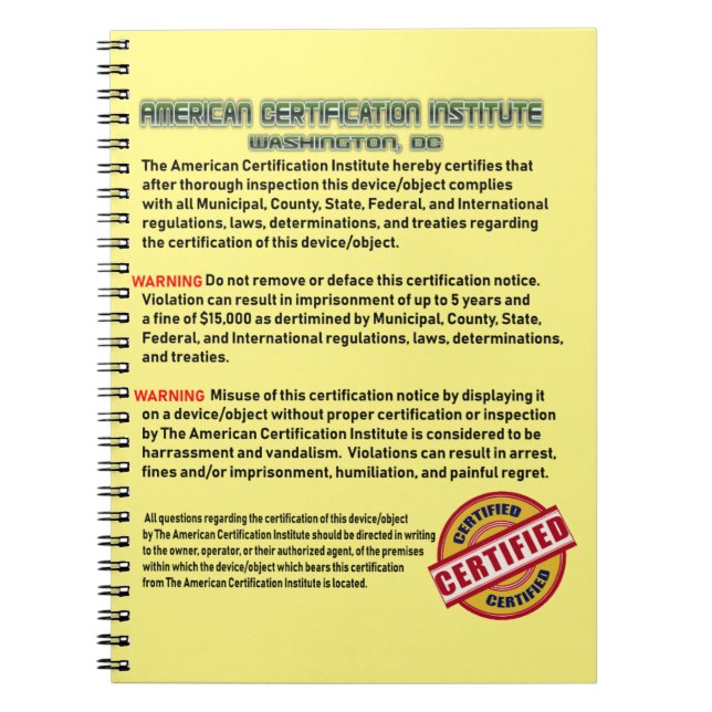 Carnet L'Institut de certification américain (Devant)
