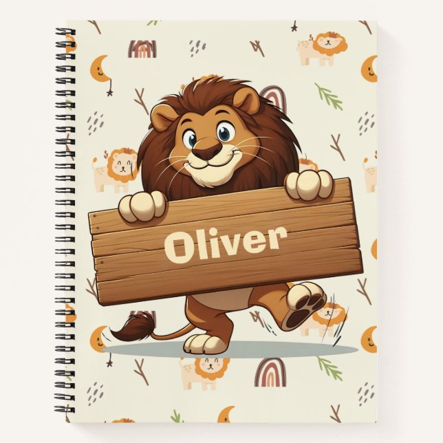 Carnet Lion joueur avec plaque de nom en bois (Devant)