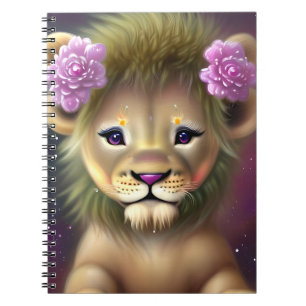 Carnet Lion mignon bébé avec fleurs roses Graphique