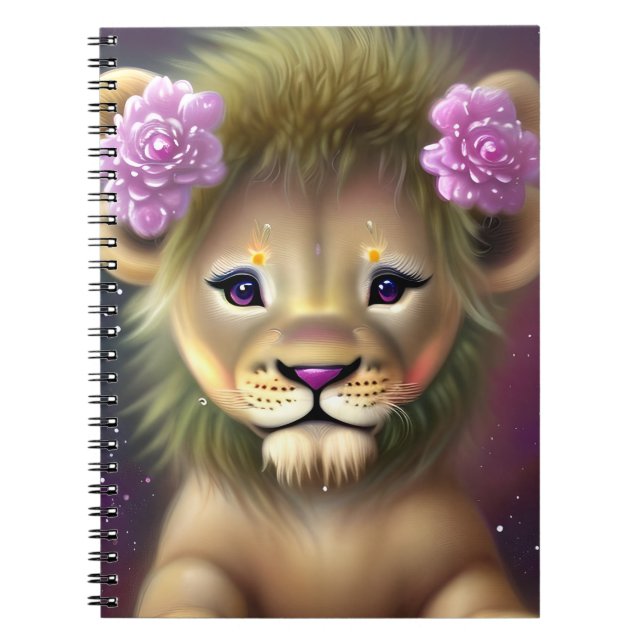 Carnet Lion mignon bébé avec fleurs roses Graphique (Devant)