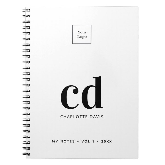 Carnet Logo blanc monogramme initiales noir affaires (Devant)
