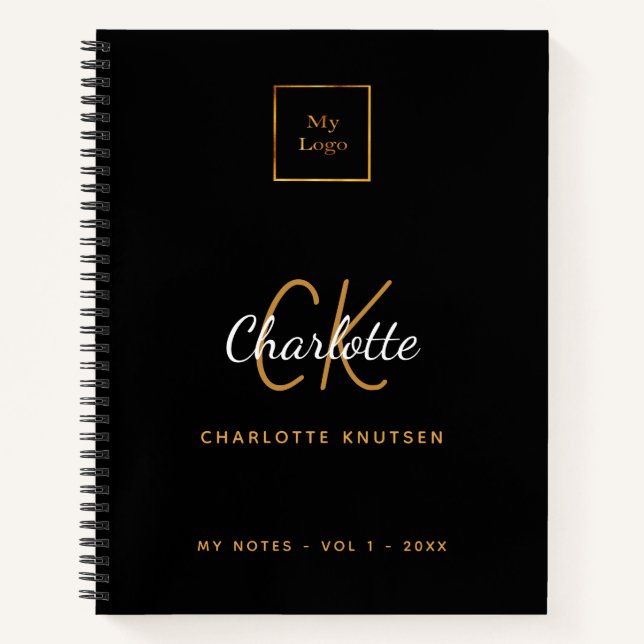 Carnet Logo de l'entreprise de monogramme d'or noir (Devant)