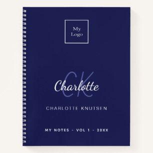 Carnet Logo de société à monogramme blanc bleu marine