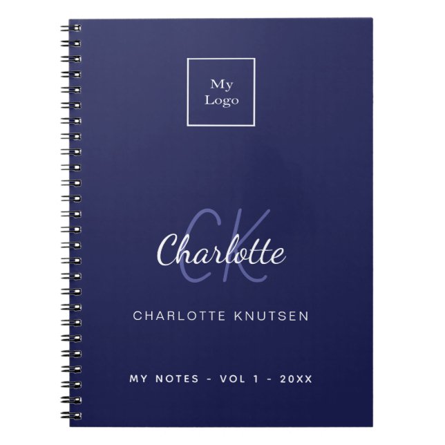 Carnet Logo de société avec monogramme blanc et bleu mari (Devant)
