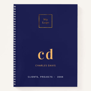Carnet Logo d'entreprise avec monogramme doré sur fond bl