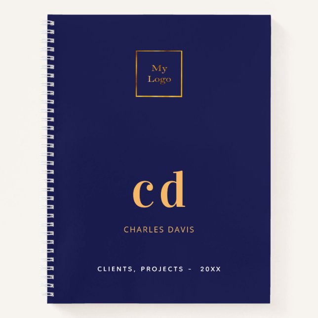 Carnet Logo d'entreprise avec monogramme doré sur fond bl (Devant)