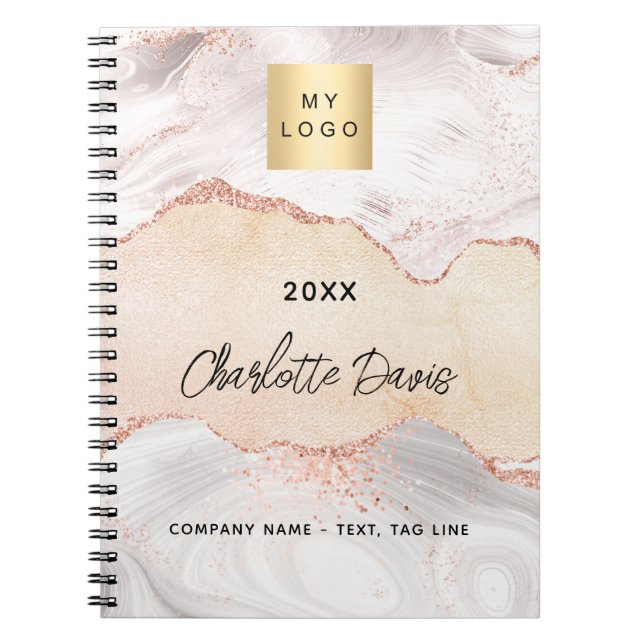 Carnet Logo d'entreprise élégant en or rose agate (Devant)