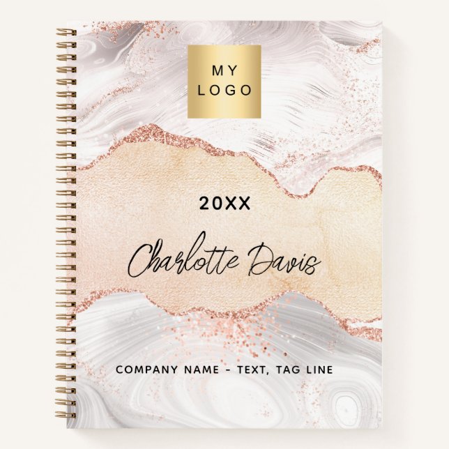Carnet Logo d'entreprise élégant en or rose agate (Devant)