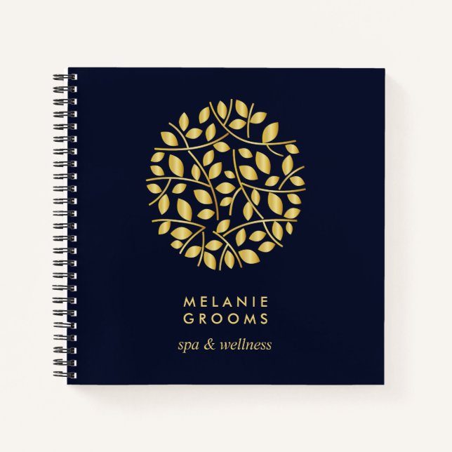Carnet Logo Gold Feuille | Bleu | Monogramme personnalisé (Devant)