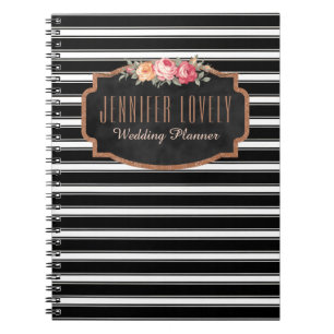 Carnet L'or rose Girly B&W barre   votre monogramme nommé