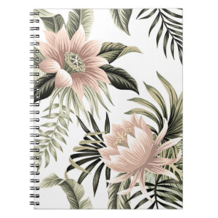 Carnet Lotus rose vintage tropical, feuilles de palmiers,