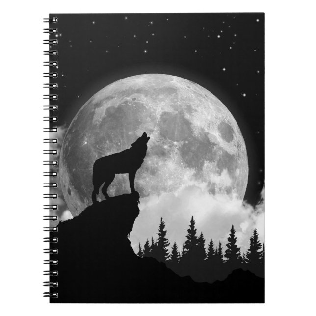 Carnet Loup noir et blanc hurlant sur la lune (Devant)