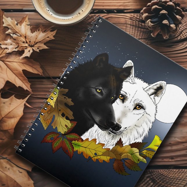 Carnet Loups Blancs Noirs Clair de Lune Feuilles d'Automn (Créateur téléchargé)