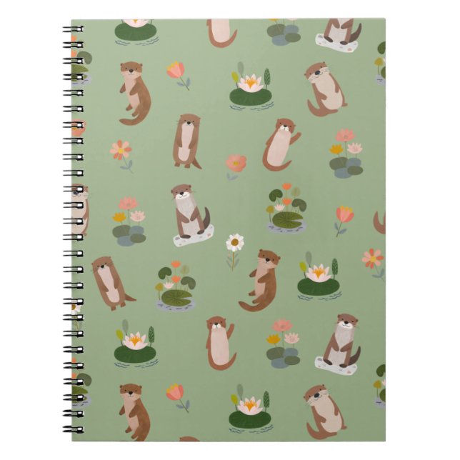 Carnet Loutres et nénuphars sur fond vert clair (Devant)