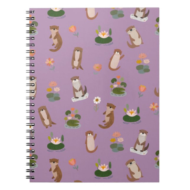 Carnet Loutres et nénuphars sur fond violet clair (Devant)