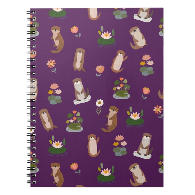 Carnet Loutres et nénuphars sur fond violet foncé (Devant)