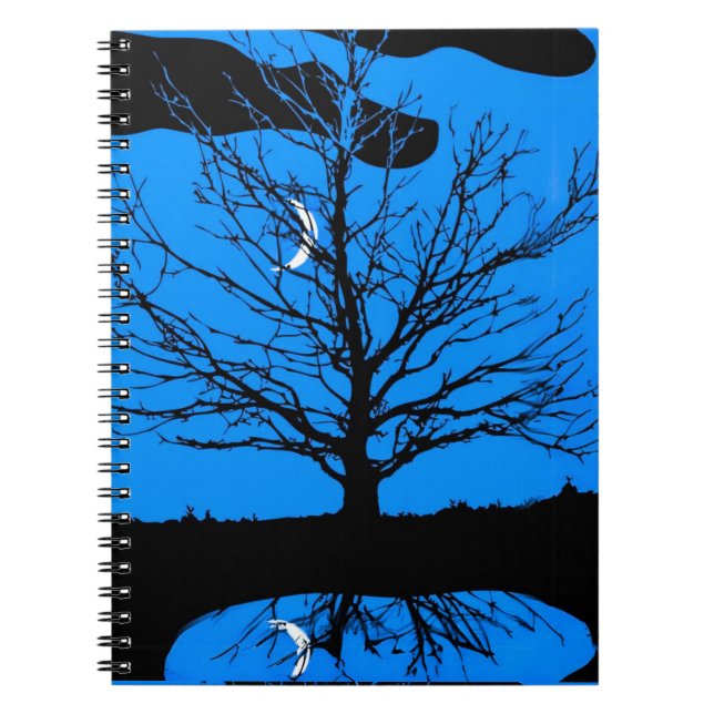 Carnet Lune avec l'arbre, bleu de cobalt, noir et blanc (Devant)