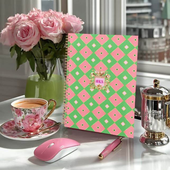 Carnet Luxe Rose & Vert Harlequin Blason Monogramme (Posh Crest Monogrammed Pink and Green Harlequin Notebook )