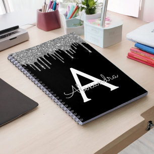 Carnet Luxueux Paillettes Argent Noir Monogramme Nom