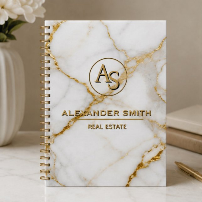 Carnet Luxury White Marble Gold Monogram Real Estate  (Créateur téléchargé)