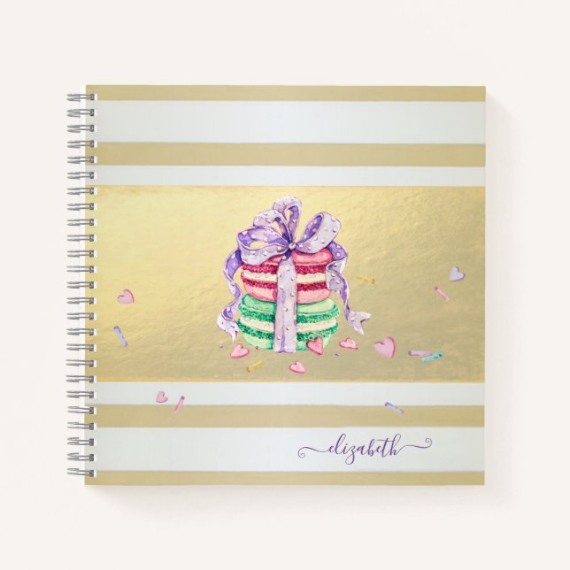 Carnet Macarons élégants et féminins à rayures dorées (Devant)